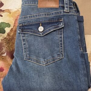Lucky Brand Women's Blue Flare Jeans with Tan Stitching